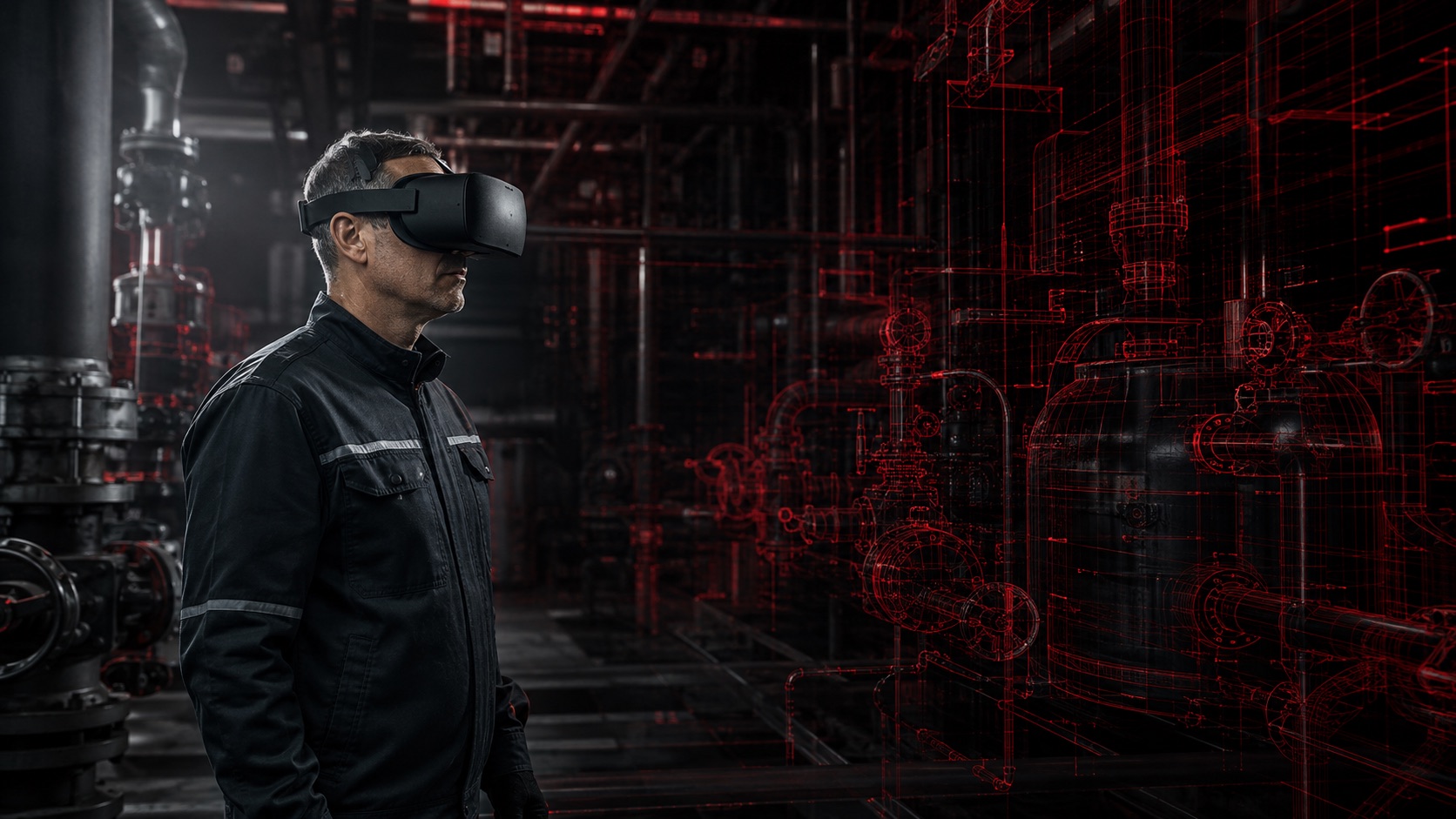 Engineer using a VR headset to inspect a digital industrial plant model