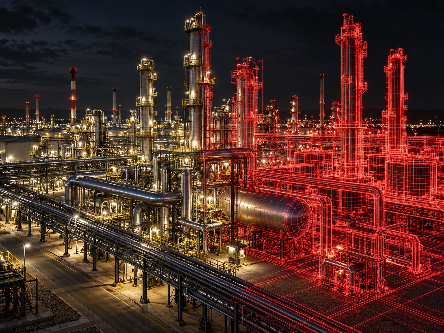 Concept visual of a refinery overlaid with a digital twin