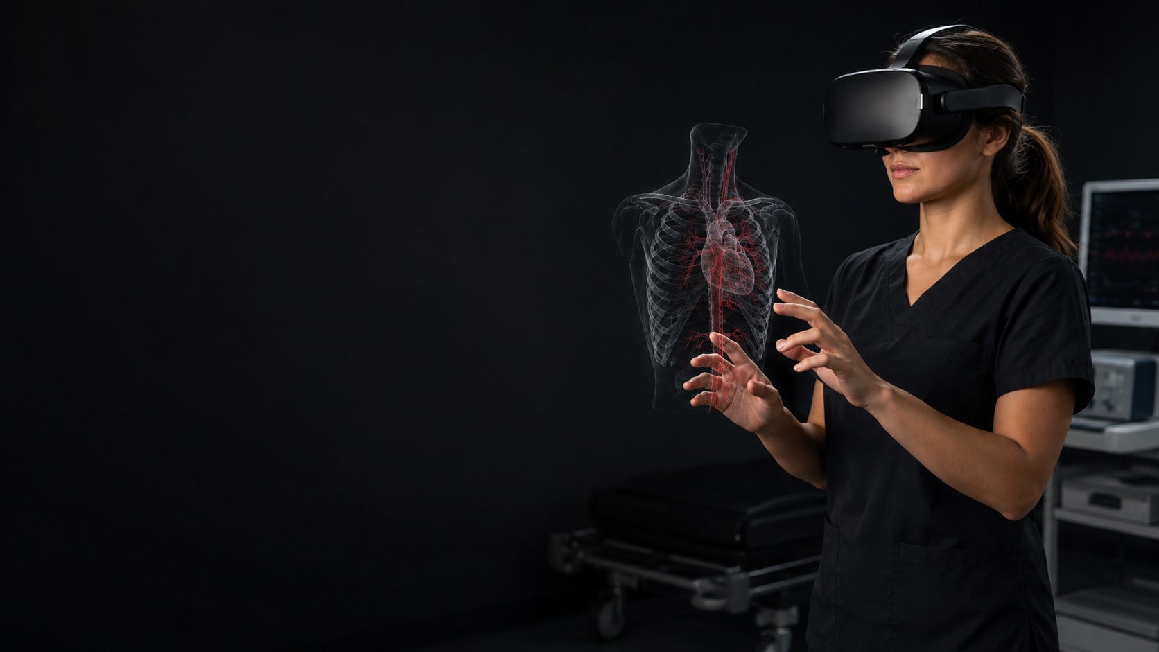 Nursing professional using a VR headset to explore a 3D clinical simulation